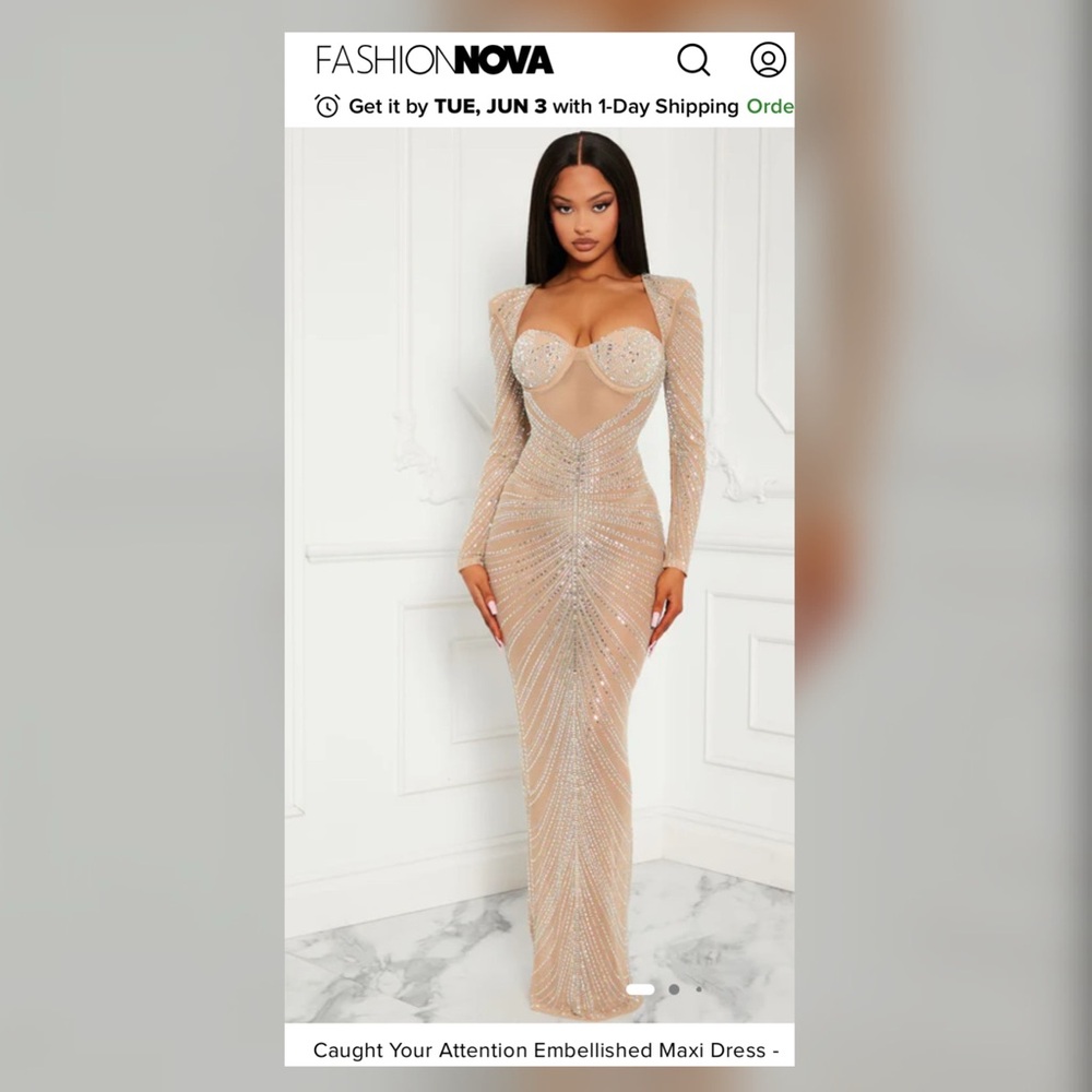 Fashion Nova Cream Ruched Embellished Bodycon Dress